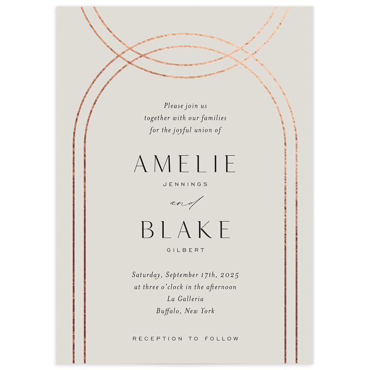 an elegant wedding card with gold foil on the edges and a white background that reads,