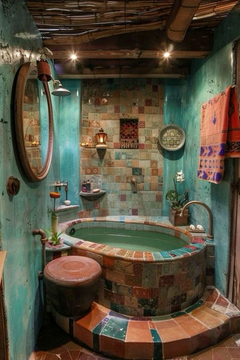 a bath room with a large tub and a mirror on the wall next to it