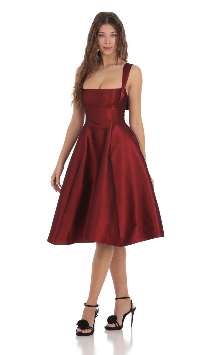 Square Neck Flare Midi Dress in Maroon | LUCY IN THE SKY Maroon Dress Short, Winter Semi Formal Dresses, Red Satin Dress Short, Dark Red Midi Dress, Christmas Party Dress Classy, Cocktail Dress Classy Evening, Maroon Cocktail Dress, Red Graduation Dress, Red Hoco Dress