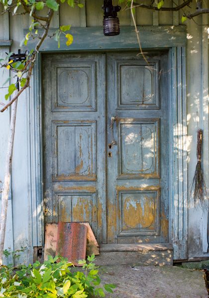 an old blue door with two brooms hanging from it's sides and some plants in the foreground