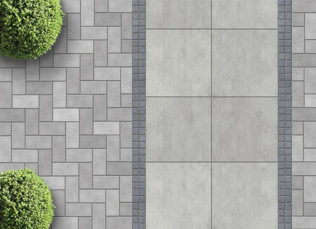 an overhead view of a walkway with two bushes on each side and one in the middle