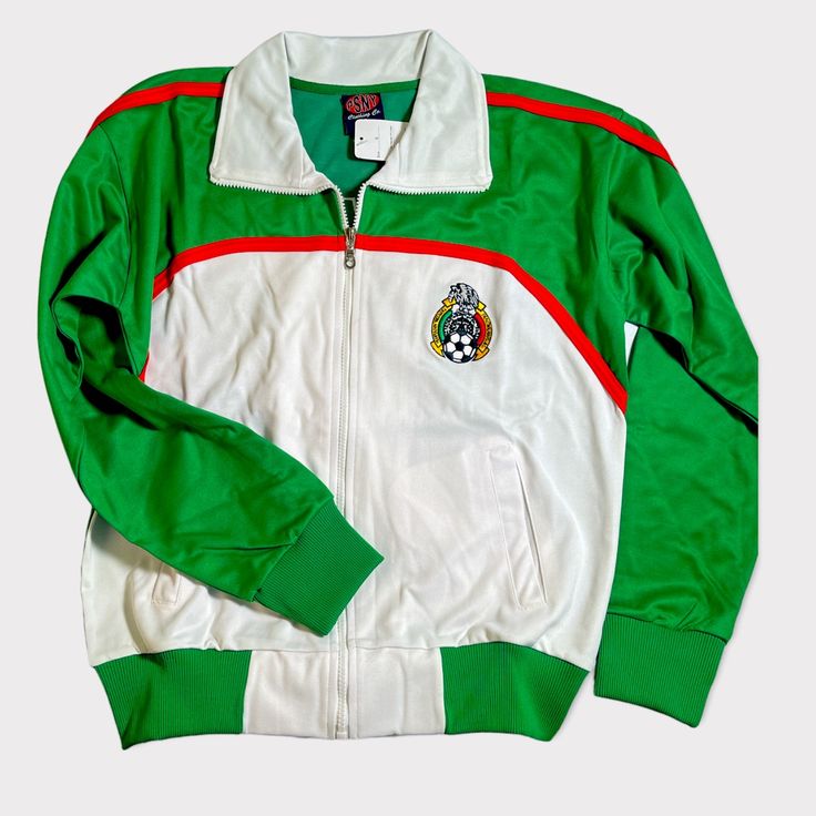 a green and white jacket with a starbucks logo on the front, sitting against a white background