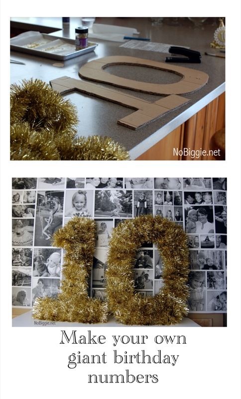 two photos with the words make your own giant birthday numbers in gold tinsels