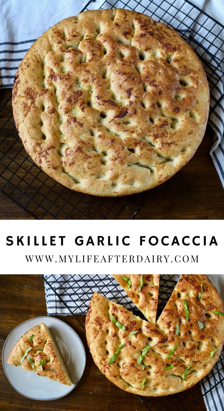 a skillet garlic focaccia pie on a cooling rack with a slice cut out