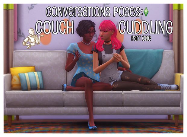 two women sitting on a couch in front of a purple wall with the words conversations possy couch cuddling part one