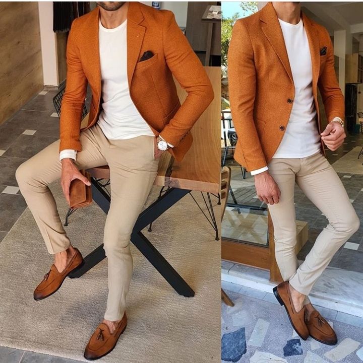 Orange Formal Outfit Men, Outfits Caballero, Orange Blazer Outfits, Khakis Outfit, Suit For Wedding, Blazer Outfits Men, Orange Suit, Mens Business Casual Outfits, Slim Fit Suit Men