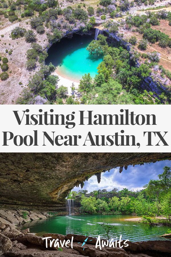 an aerial view of pool near austin tx with text overlay reading visiting hamilton pool near texas