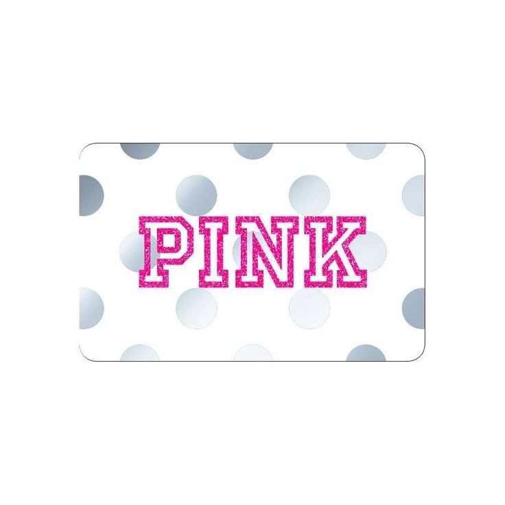 the word pink on a white background with polka dotes in pink and grey colors