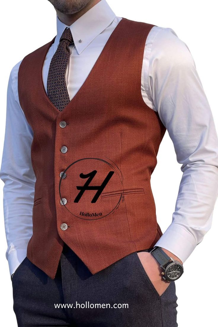 This slim-fit tile waistcoat is sure to be a statement piece in your wardrobe. The timeless style is sure to be a classic addition with its comfortable design and the ability to be adjusted from the back. From the HolloMen fall-winter '22 collection. Waistcoat Color: Tile The suit's fabric includes 50% cotton and 50% polyester. Brown Fitted Three-piece Suit For Semi-formal Occasions, Semi-formal Brown Fitted Three-piece Suit, Fitted Business Vest With Pockets, Brown Notch Lapel Vest For Business, Brown Business Vest With Notch Lapel, Fitted Brown Three-piece Suit For Business, Fitted Brown Three-piece Suit With Single Button, Fitted Brown Three-piece Business Suit, Brown Fitted Three-piece Suit With Single Button