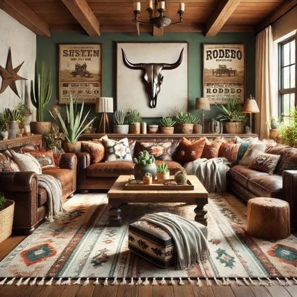 a living room filled with lots of furniture next to a wall mounted deer head on the wall