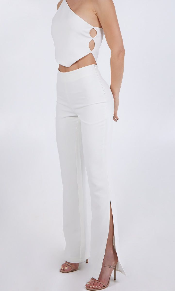 ALICE PANT – POSH MIA Fitted Pantsuit With Structured Boning, Fitted High Waist Wide Leg Pants In Modern Style, Fitted High Waist Wide Leg Modern Pants, Fitted High Waist Wide Leg Pants, Fitted High Waist Modern Wide Leg Pants, Party Bottoms With Side Slits, White Flared Formal Bottoms, Elegant Wide Leg Stretch Pants, Elegant Stretch Wide Leg Pantsuit