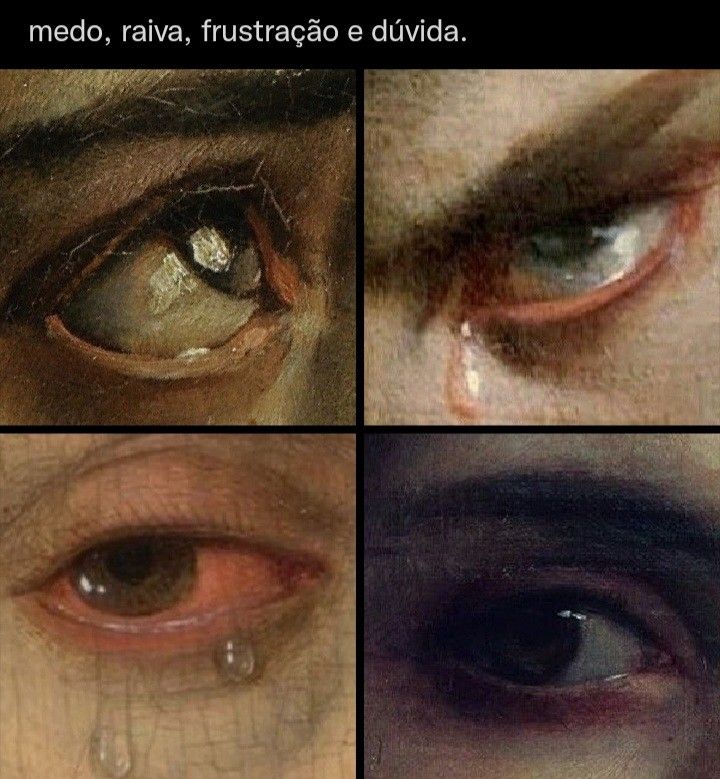 four different pictures of the same person's eye with tears on their eyes