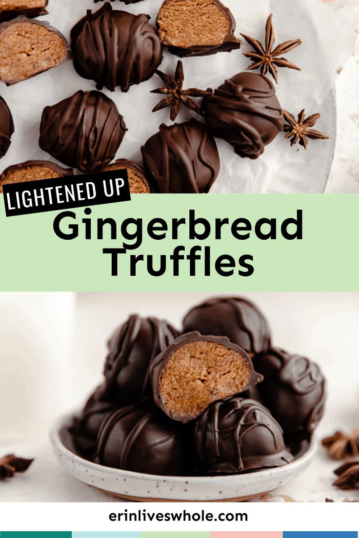 chocolate covered gingerbread truffles on a plate with the title text overlay