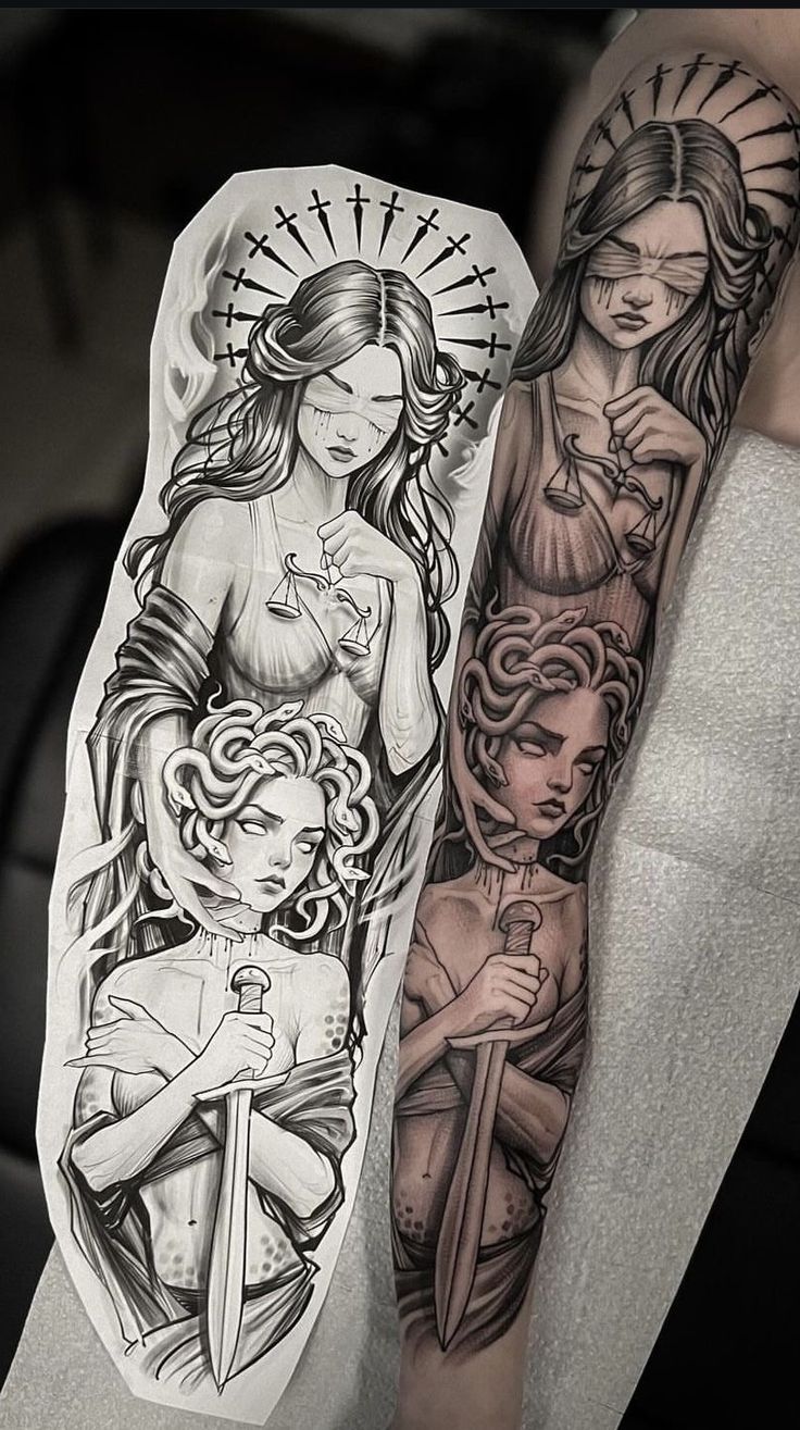 Medusa’s Tattoo, Medusa And Skull Tattoo, Woman And Dragon Tattoo, Greek God And Goddess Tattoo, Women Greek Mythology Tattoo, Sleeve Tattoo Inspo For Women, Greek Goddess Sleeve Tattoo, Ethereal Woman Tattoo, Greek God Tattoo For Women