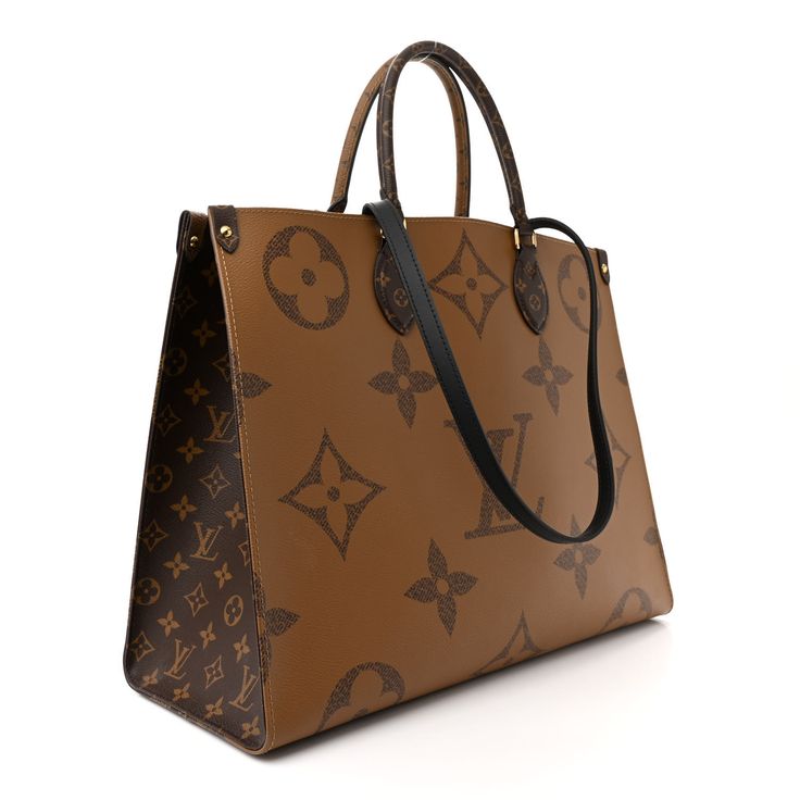 This is an authentic LOUIS VUITTON Reverse Monogram Giant Onthego GM. This limited edition tote features oversized and classic sized versions of the Louis Vuitton monogram printed on coated canvas in brown and beige. The bag features rolled top handles and long shoulder straps that can be tucked away inside the bag, accented with polished gold-toned hardware. The top is open to a spacious red fabric interior with zipper and patch pockets. Lv Purses And Handbags, Lv Purse, Brown And Beige, Monogram Prints, Red Fabric, Authentic Louis Vuitton, Purses And Handbags, Patch Pocket, Louis Vuitton Monogram