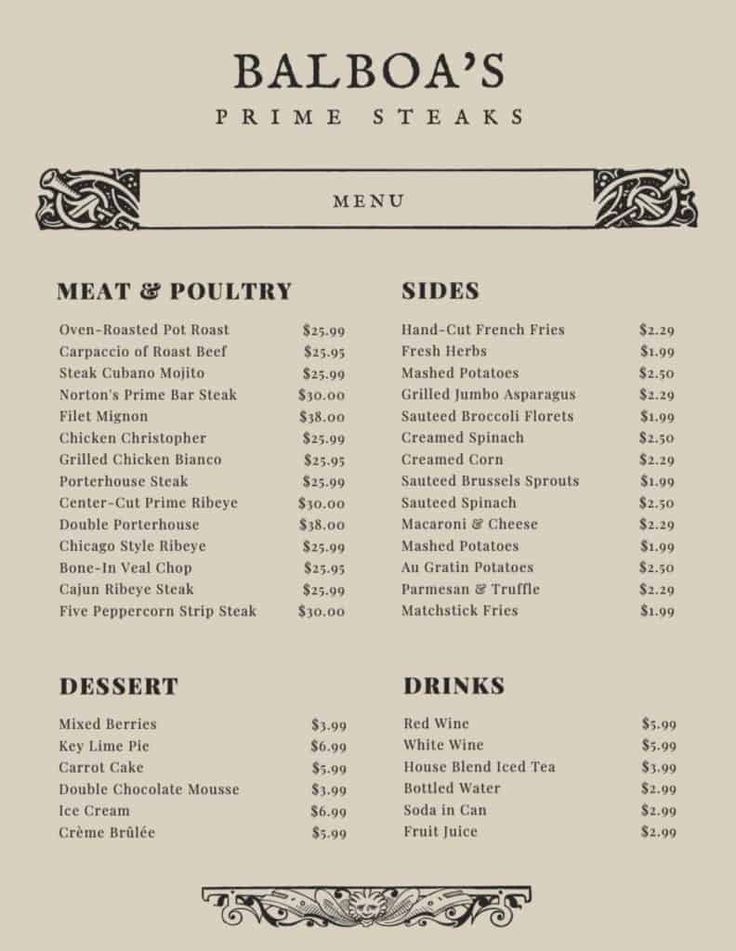 a menu for a restaurant with drinks and prices on the front, in black and white