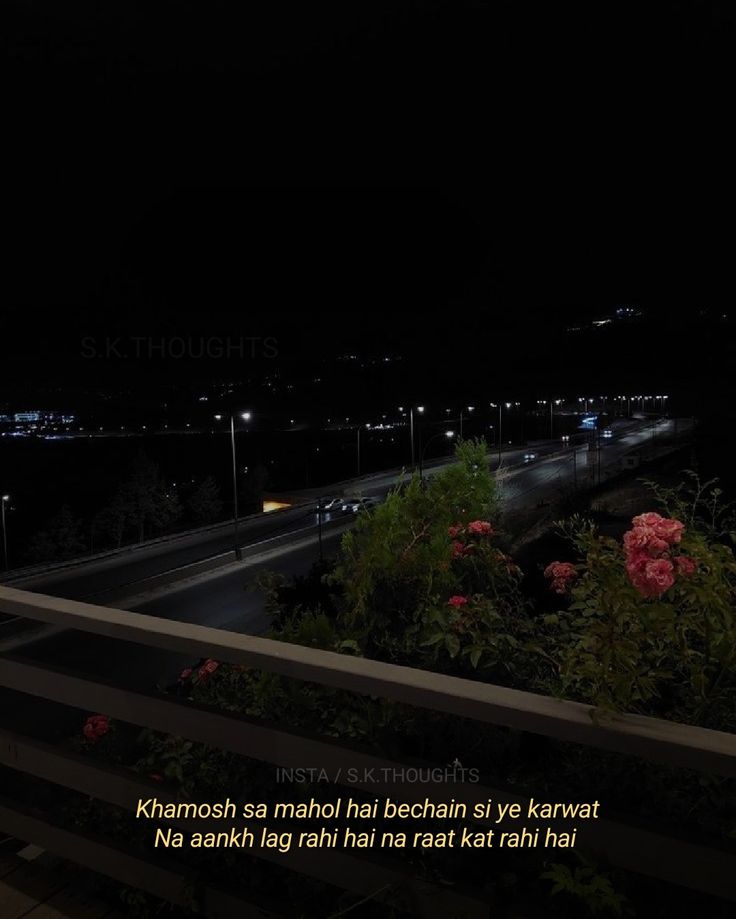 the night sky is dark and full of lights, with flowers growing on the balcony