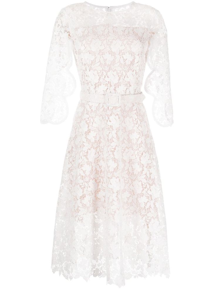 Oscar De La Renta floral-lace Belted Midi Dress  - Farfetch Midi Dress White, Belted Midi Dress, Line Dress, White Midi Dress, White Silk, Cocktail Dress Party, Dress White, Waist Belt, Floral Lace