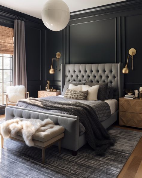 Dark Panel Bedroom, Dark Grey Bedrooms, Dark Grey Walls Bedroom, Charcoal Grey Bedroom Ideas, Charcoal Grey Bedrooms, Dark Grey Bedroom, Cinema Room Ideas, Girls Bedroom Grey, Dark Bedroom Aesthetic