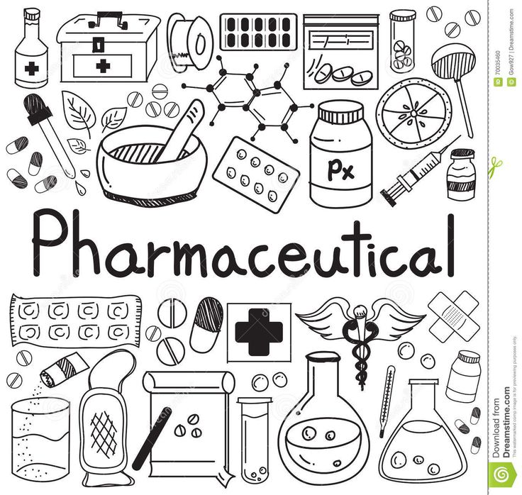 the word pharmceutia surrounded by hand drawn medical items