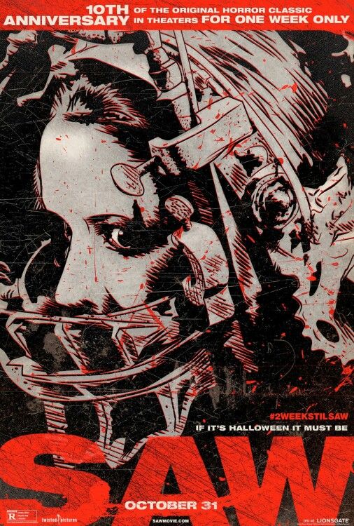 the poster for saw, which features an image of a man's face with blood on