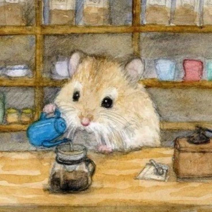 a drawing of a hamster sitting on a table next to a jar and teapot