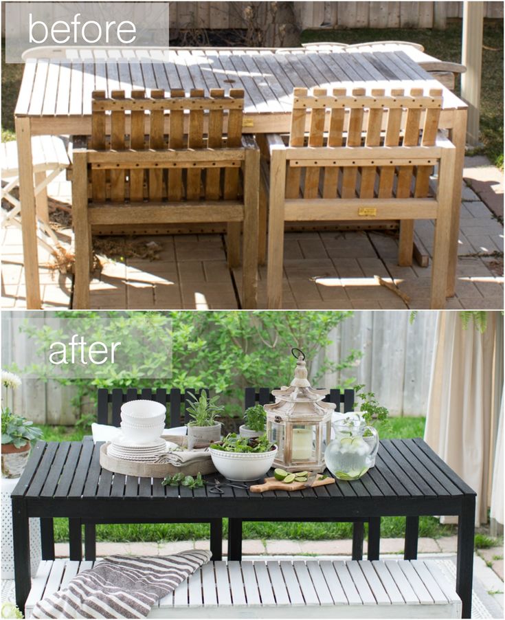 before and after photos of an outdoor dining table