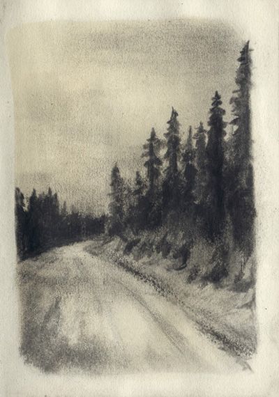 a black and white drawing of trees on the side of a road