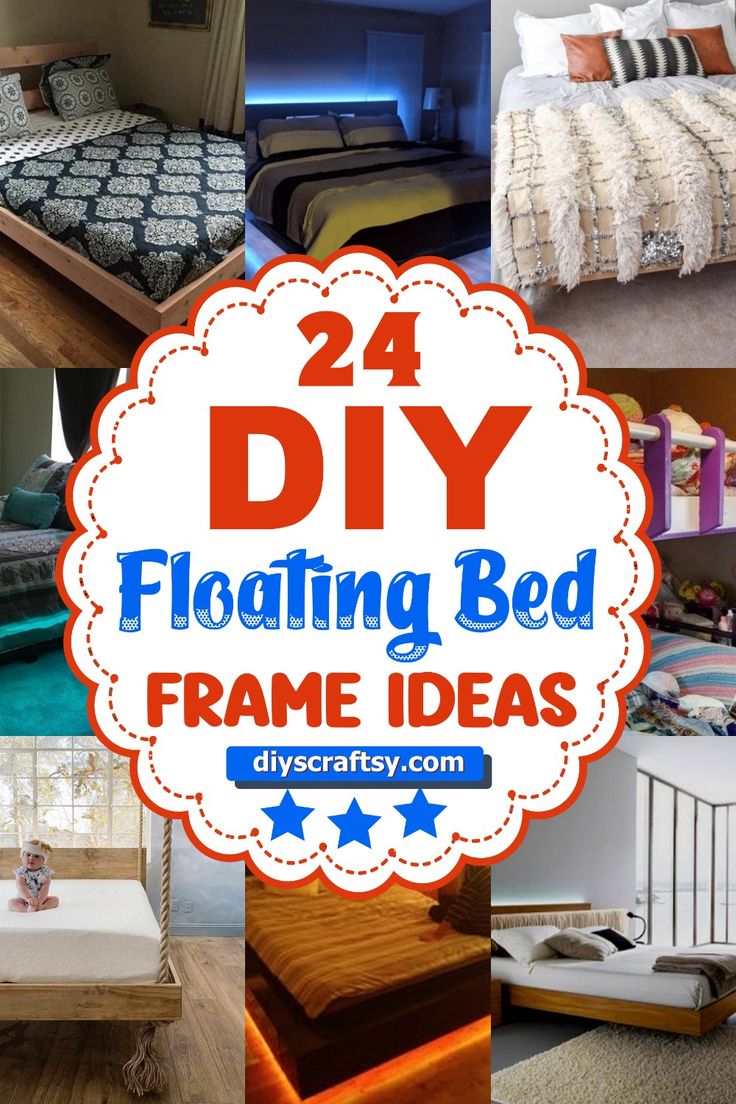 four different pictures with the words 24 diy floating bed frame ideas