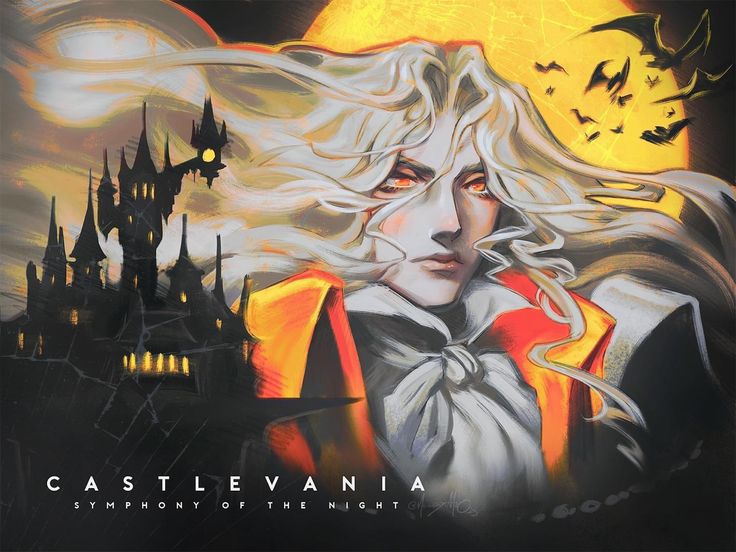 a painting of a woman with white hair in front of a castle and bats at night