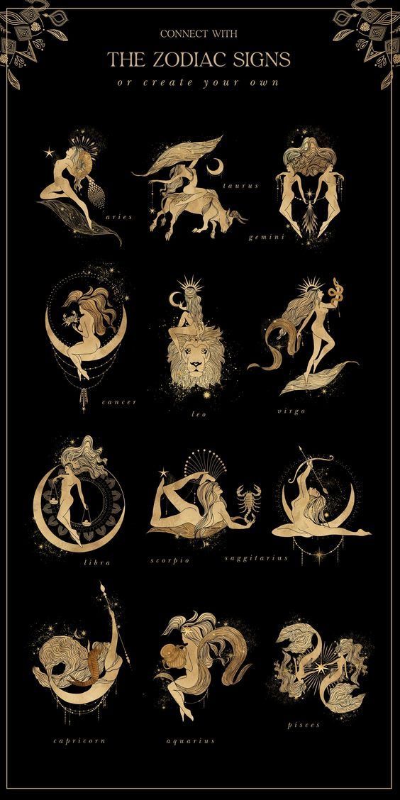 the zodiac signs are shown in gold and black