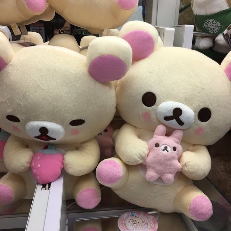 two teddy bears with pink noses and ears are on display in a store, surrounded by other stuffed animals