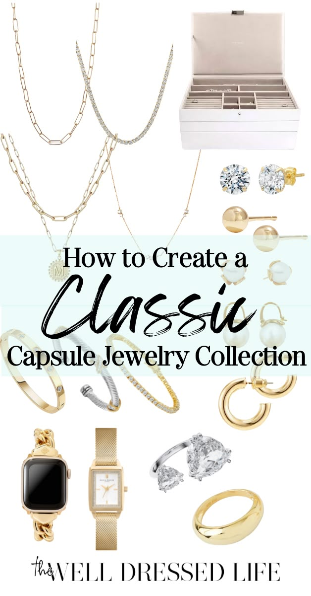 Classic Jewelry Essentials Gold, Accessories Capsule Wardrobe, Capsule Jewelry Wardrobe, Womens Gold Jewelry Aesthetic, White Gold Necklace Layering, Jewellery Capsule Wardrobe, Minimalist Jewelry Collection, Jewelry Capsule Collection, Classic Gold Necklace