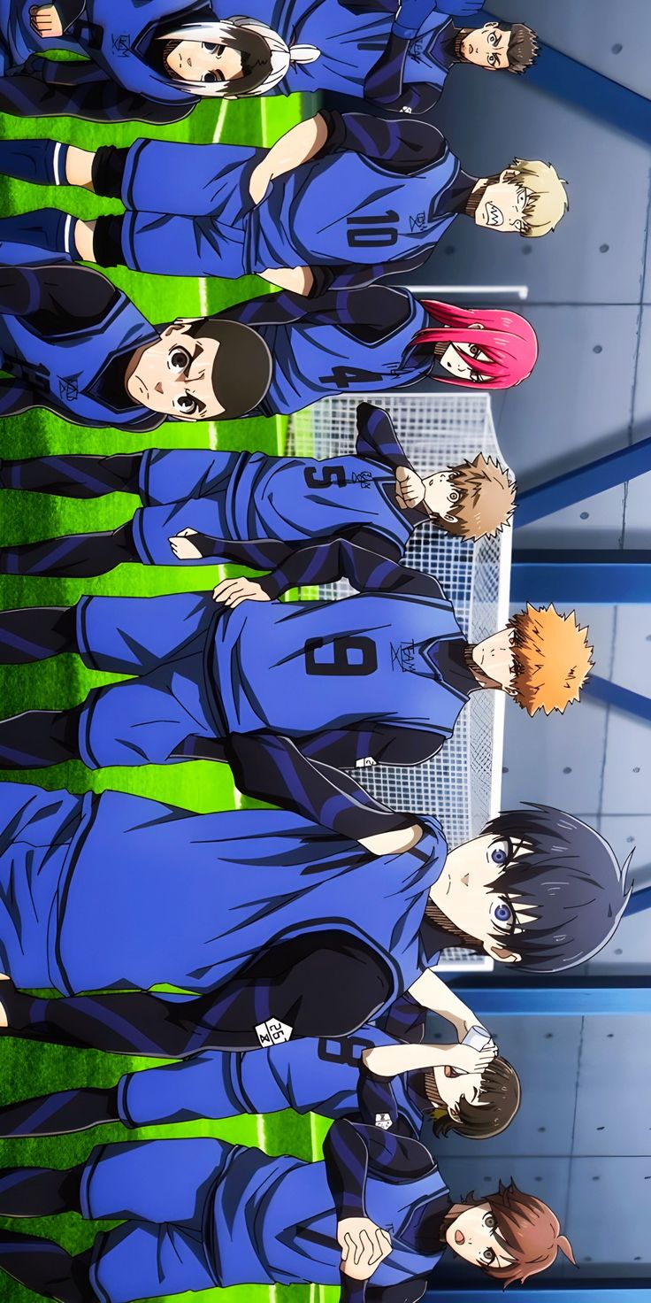 several anime characters are standing in front of a soccer goal with their hands on their hipss