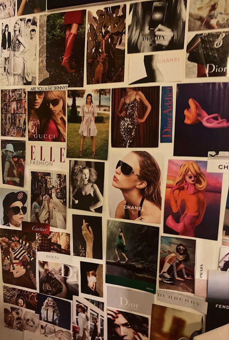 the wall is covered with many different pictures and photos, including women's clothing