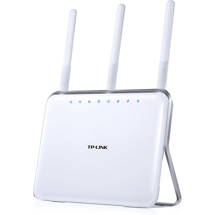 the tp - link router is white and has two antennas on each side