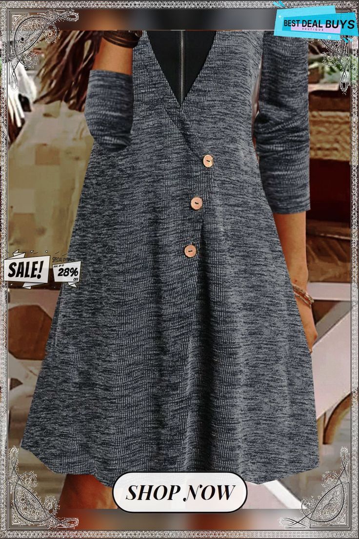 V Neck Cotton-blend Loose Dress Fall Shift Dresses With Buttons, Gray V-neck Midi Dress For Fall, Gray Buttoned Dresses For Fall, Gray Buttoned Dress For Fall, Casual Gray Buttoned Dress, Casual Gray Dresses With Buttons, Casual Gray Dress With Buttons, Inexpensive Dresses, Gray Dresses