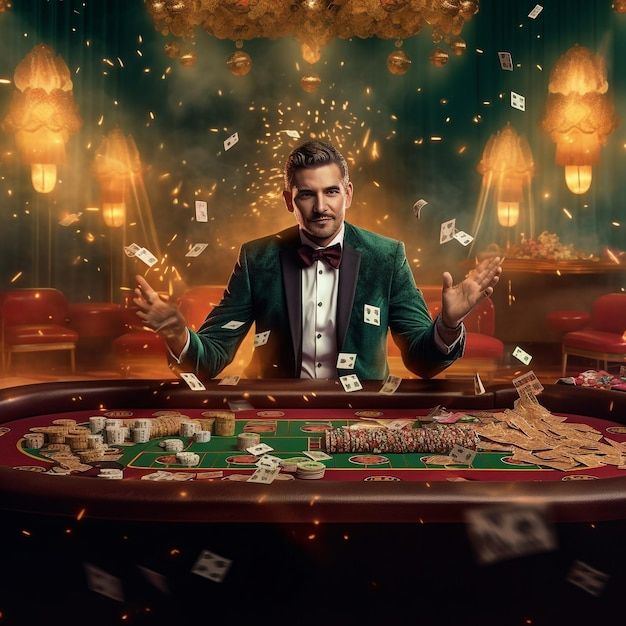 a man in a tuxedo sitting at a casino table with lots of money