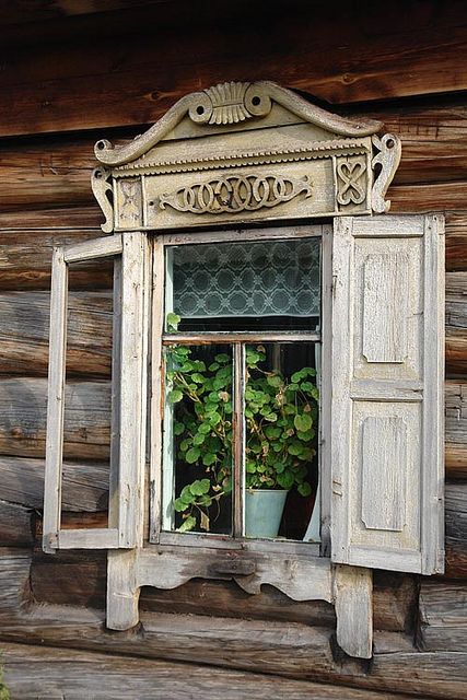 an old wooden window with potted plants in the window sill and shutters