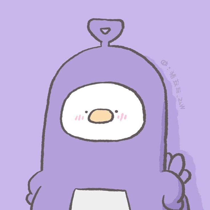 a drawing of a purple penguin with one eye open and two hands in the air