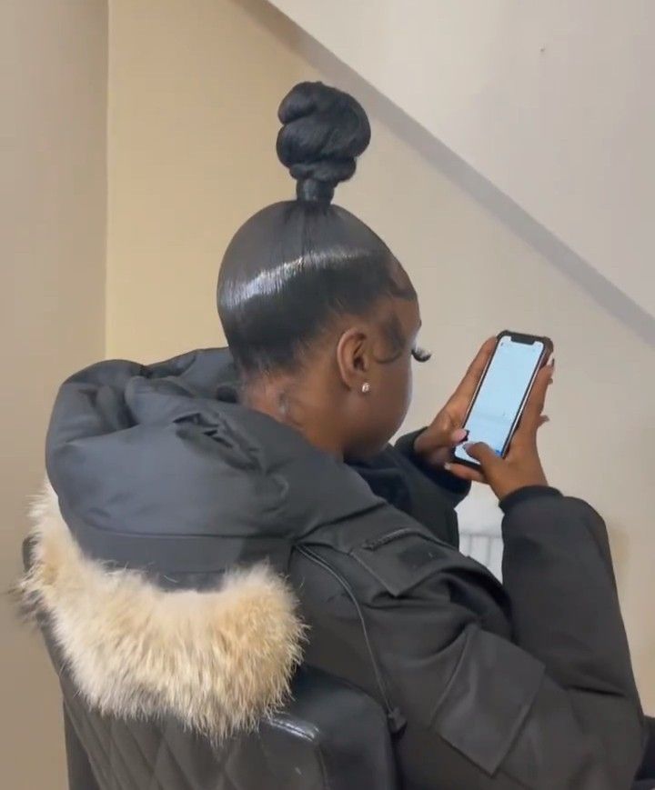 Slick Back Ponytail Knot Bun, Top Knot Bun With Weave, Two Ninja Buns With Weave, Big Top Knot Bun, Topknot Bun, Knot Ponytail Black Hair, Top Not Bun, Knot Bun Hairstyles, Ninja Bun Natural Hair