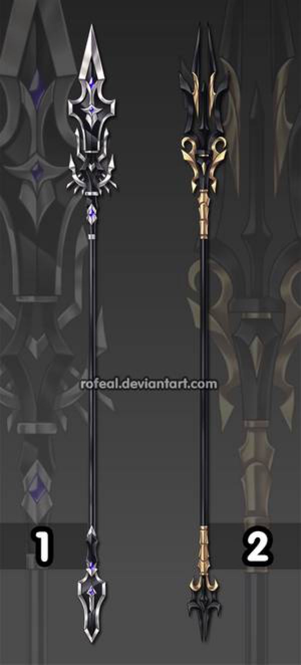 two different types of swords, one with gold and the other with purple crystals on it