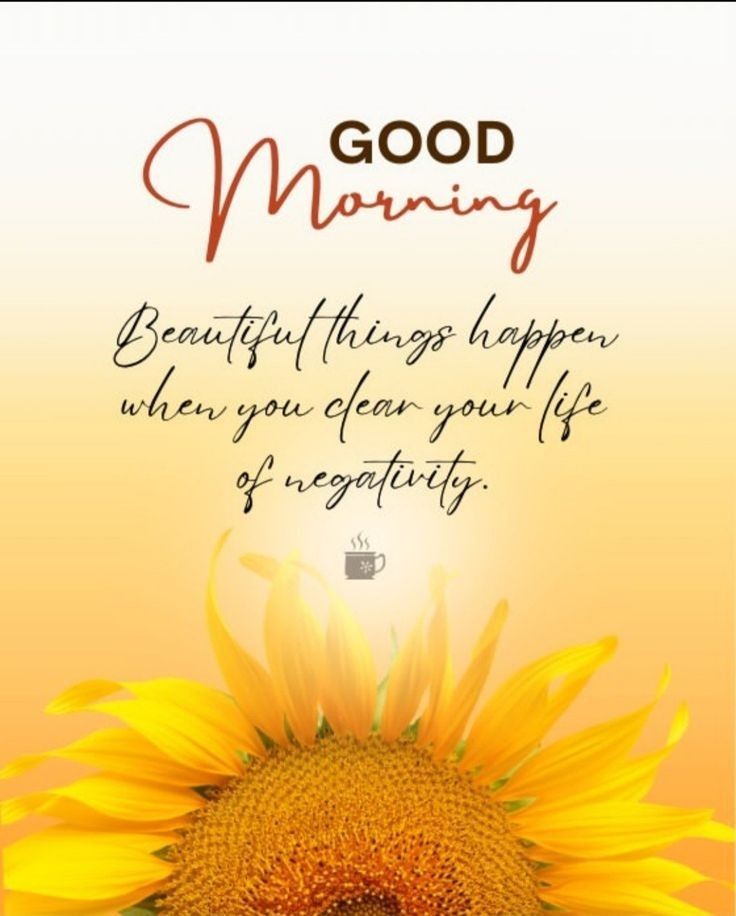 a sunflower with the words good morning on it and an image of a coffee cup