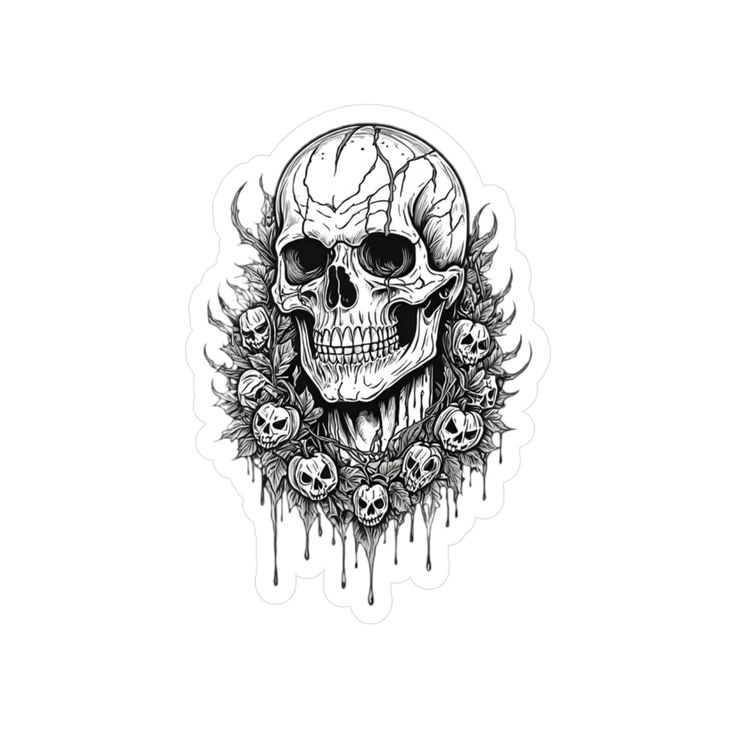 a drawing of a skull with flowers around it