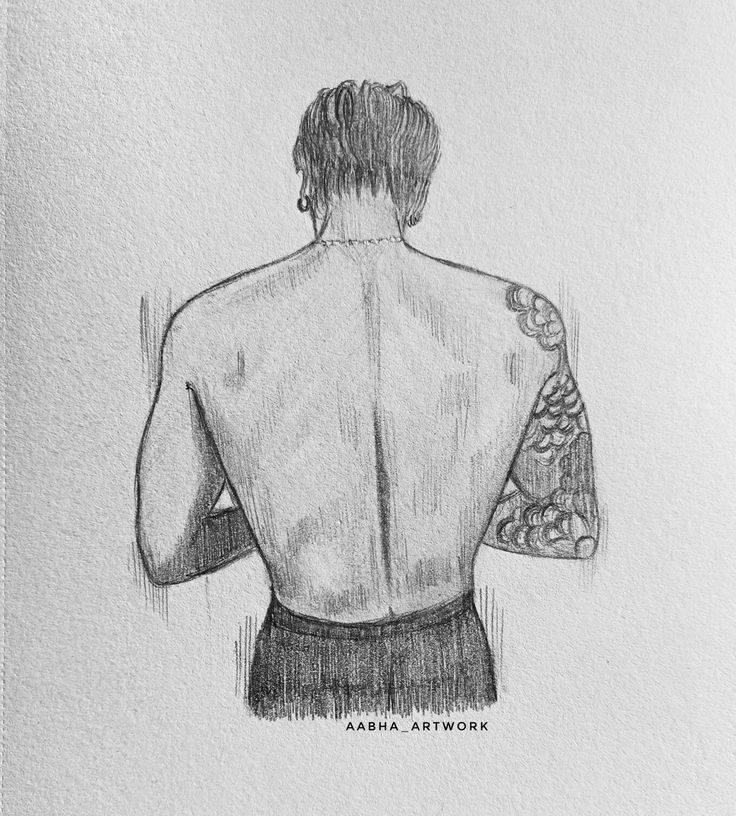 a drawing of a man with tattoos on his back