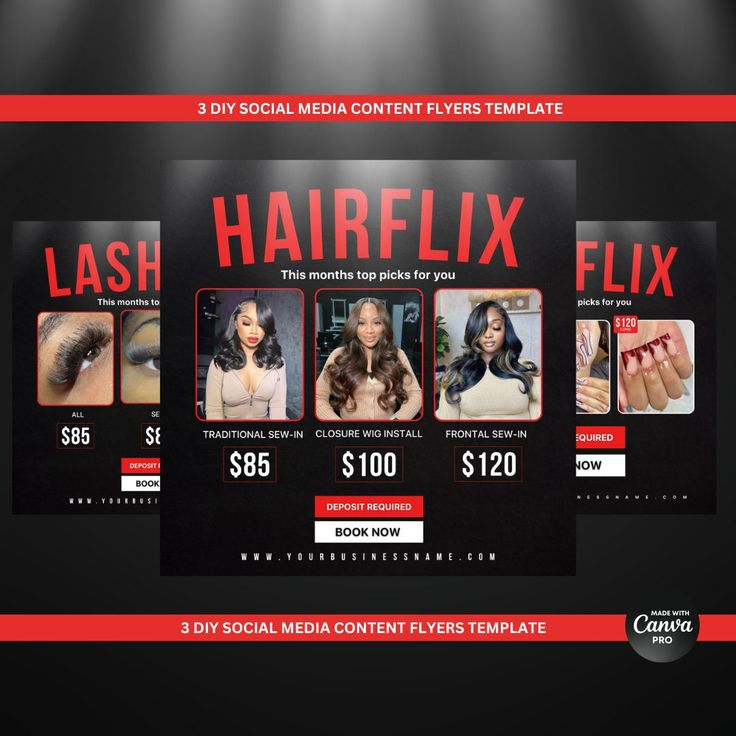 the social media content for hairflix is displayed on a black and red background