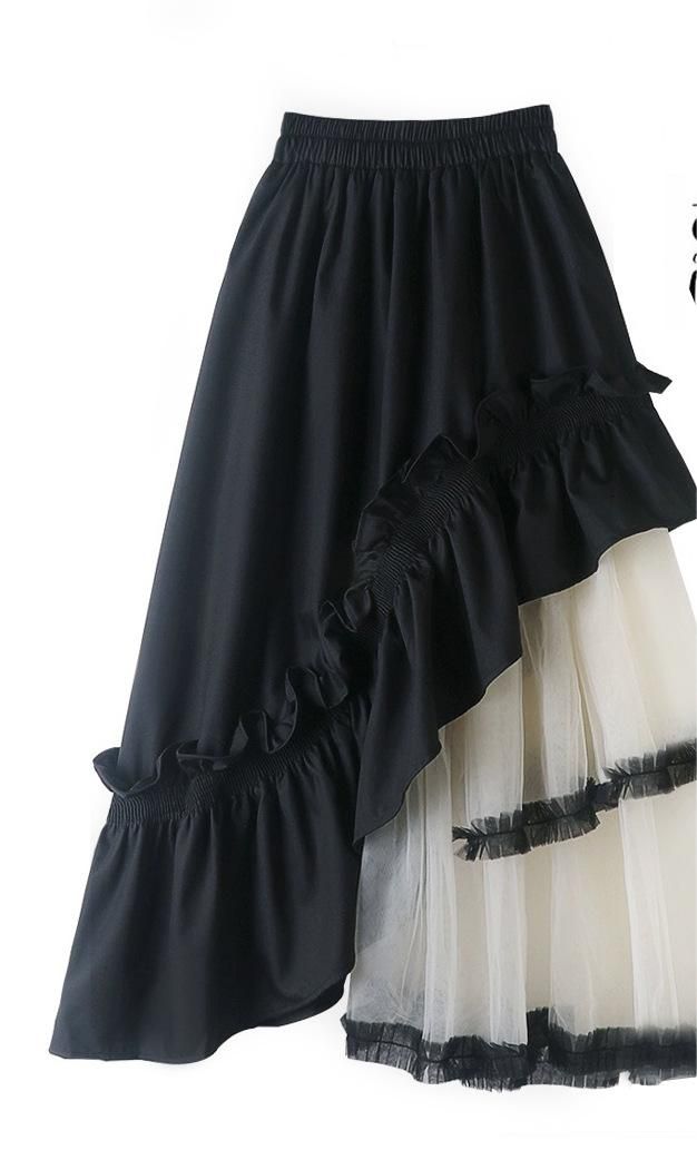 F00224310-100 Ruffle Long Skirt, Minecraft Outfits, Gauze Skirt, Design Skirt, Gauze Skirts, Tiered Dresses, Black And White Coffee, Umbrella Skirt, Bandage Dress Bodycon