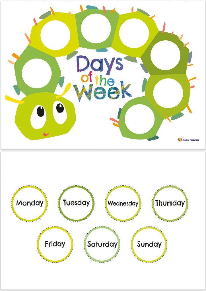 the days of the week with green and yellow caterpillars