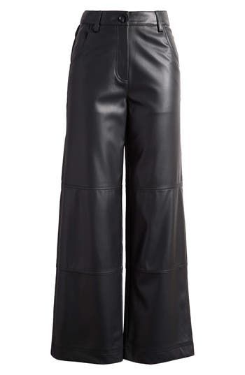 Achieve the perfect silhouette in these high-waist pants elevated in sleek faux leather and punctuated with wide hems. 30" inseam; 20" leg opening; 12" front rise; 16" back rise (size 8) Zip fly with button closure Front scoop pockets 100% polyester with 100% polyurethane coating Machine wash, dry flat Imported Faux Leather Wide Leg Pants For Fall, Sleek Wide-leg Leather Pants For Fall, Sleek Wide Leg Leather Pants For Spring, Fall Leather Wide Leg Pants, Leather Wide Leg Pants For Fall, Faux Leather Wide-leg Pants For Fall, Fall Wide-leg Faux Leather Pants, Wide Leg Faux Leather Work Pants, Leather Wide Leg Pants For Workwear In Fall