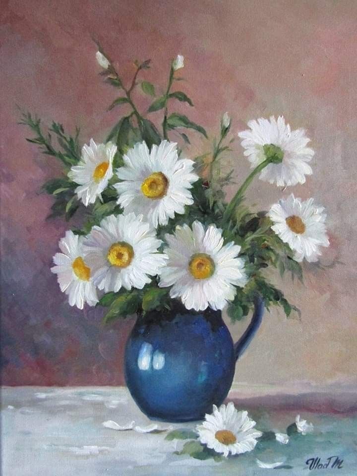 a painting of white daisies in a blue vase